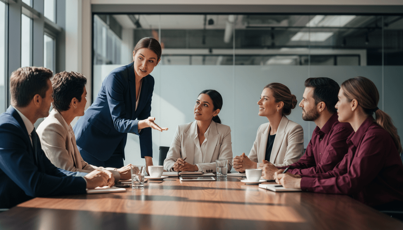 Business professionals collaborating around a conference table during a strategic meeting